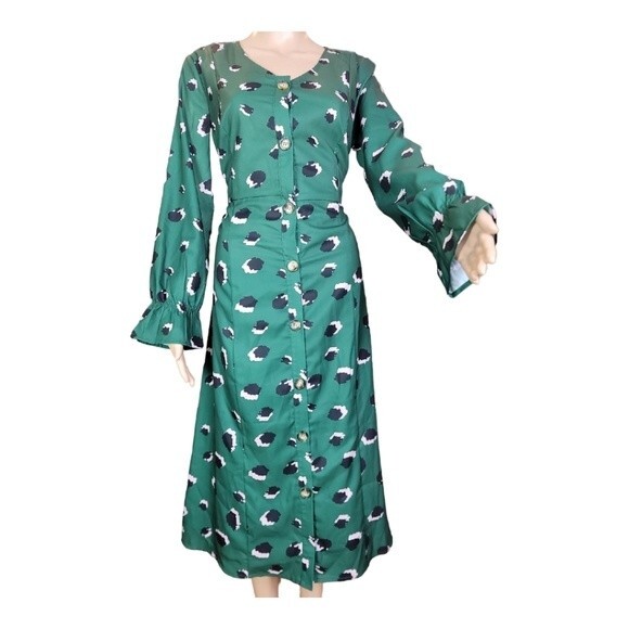 Journey Five Women's V Neck Shift Dress Patterned Button Long Sleeve Green Large - Picture 4 of 5